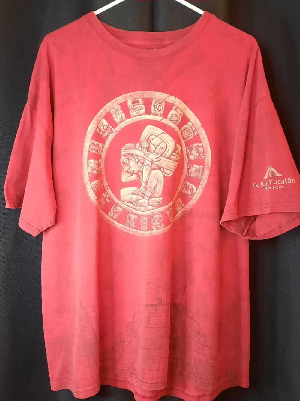 Vintage Art Print Mayan Tshirt Mens XXL Red Tie Dye Travel Tourists Vacation
